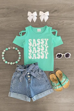 "Sassy Sassy Sassy" Mint Denim Short Set