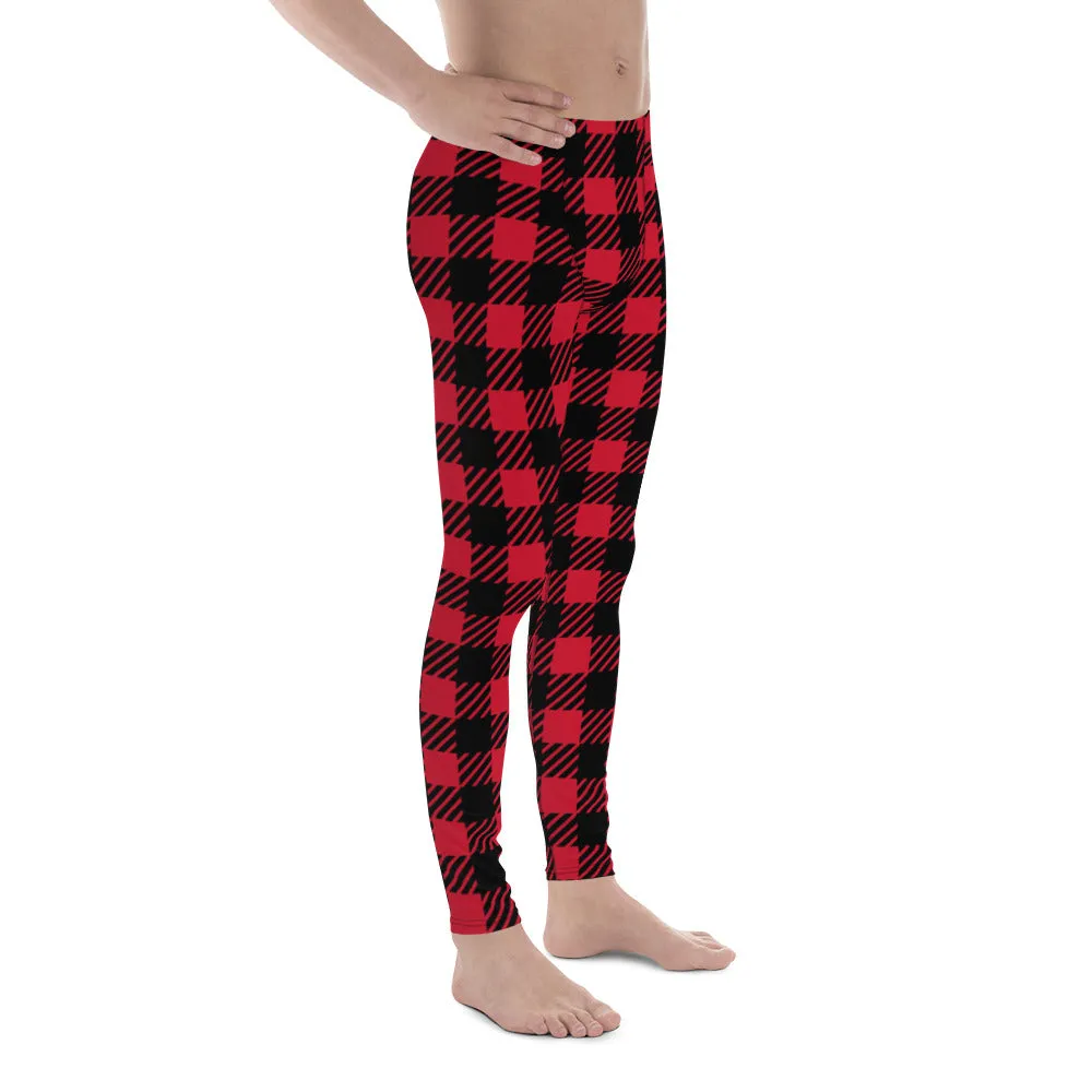 Red Classic Plaid Men's Leggings, Plaid Printed Meggings Compression Tights For Men-Made in USA/EU