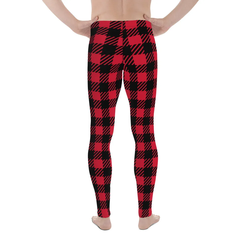 Red Classic Plaid Men's Leggings, Plaid Printed Meggings Compression Tights For Men-Made in USA/EU