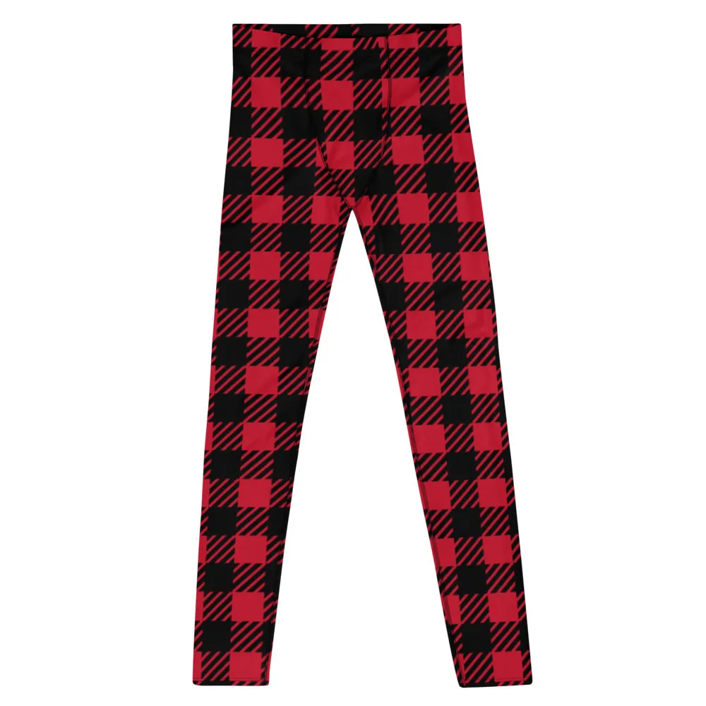 Red Classic Plaid Men's Leggings, Plaid Printed Meggings Compression Tights For Men-Made in USA/EU