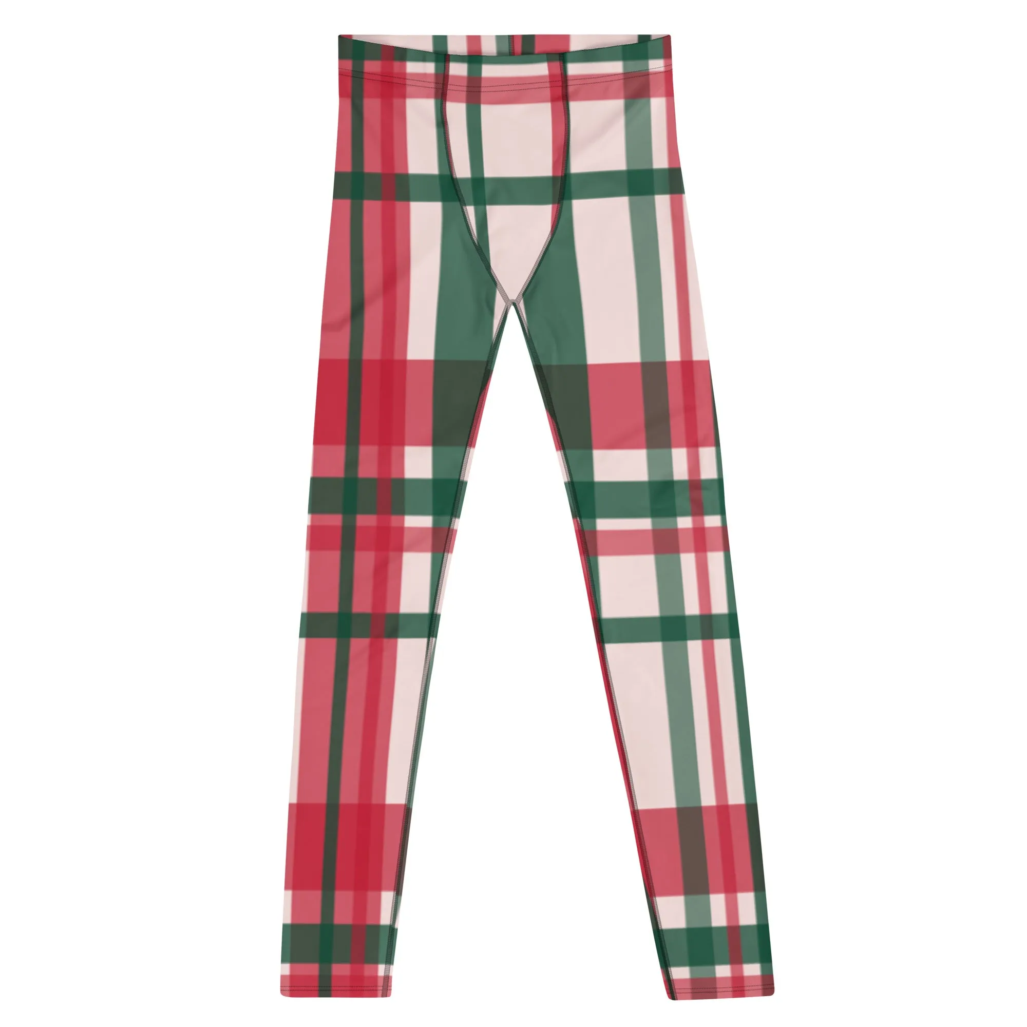 Red Green Plaid Print Meggings, Red Green Christmas Tartan Style Men's Leggings Running Tights-Made in USA/EU/MX