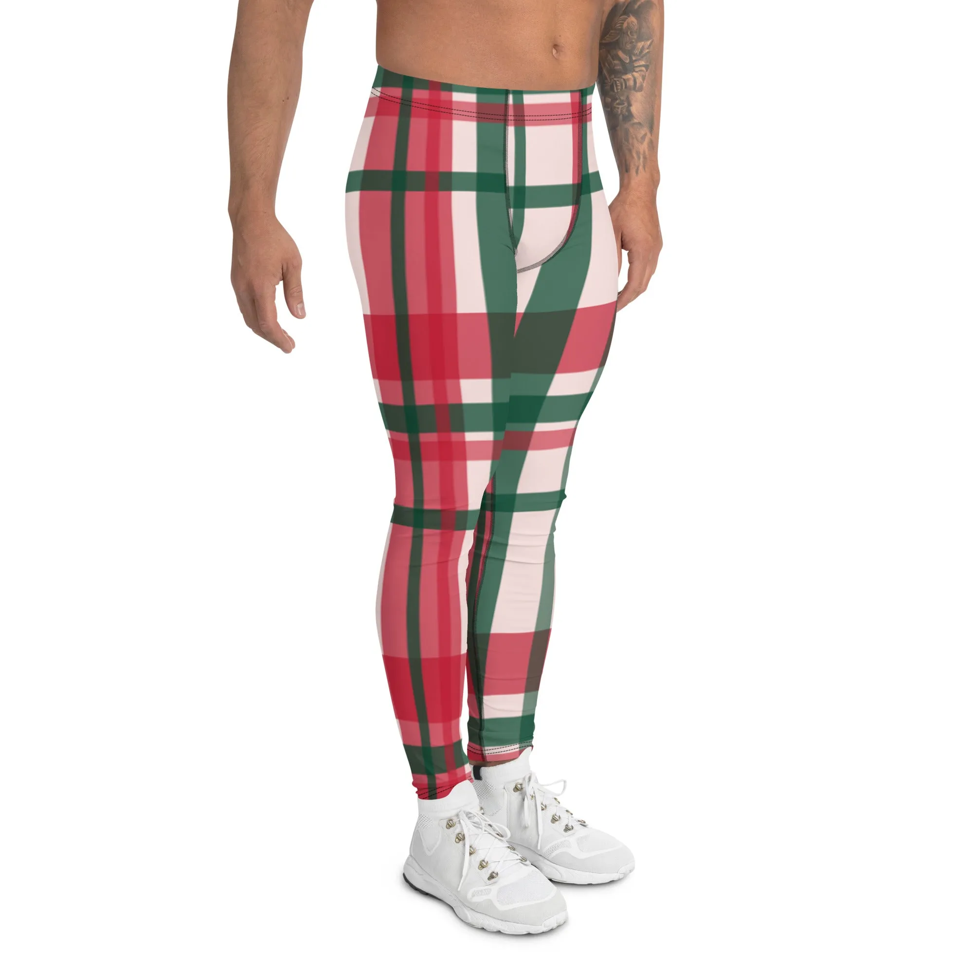 Red Green Plaid Print Meggings, Red Green Christmas Tartan Style Men's Leggings Running Tights-Made in USA/EU/MX