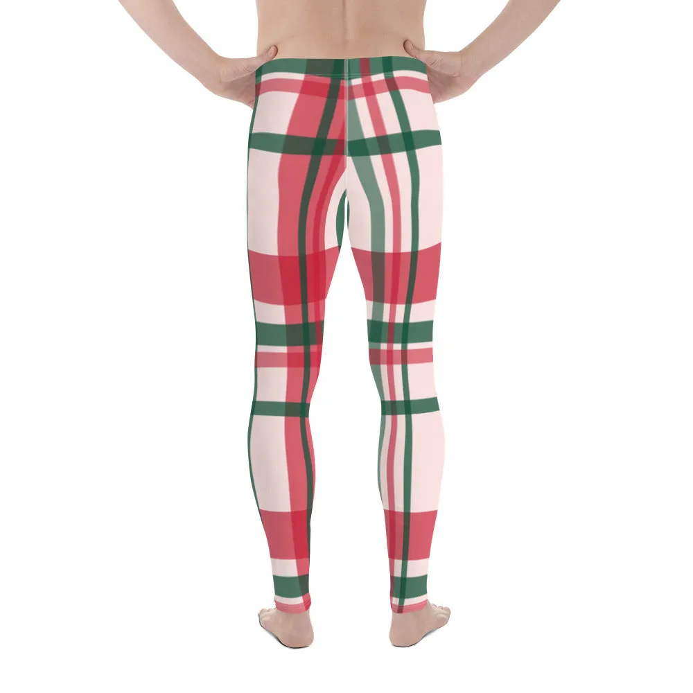 Red Green Plaid Print Meggings, Tartan Style Christmas Plaid Print Best Holiday Men's Leggings