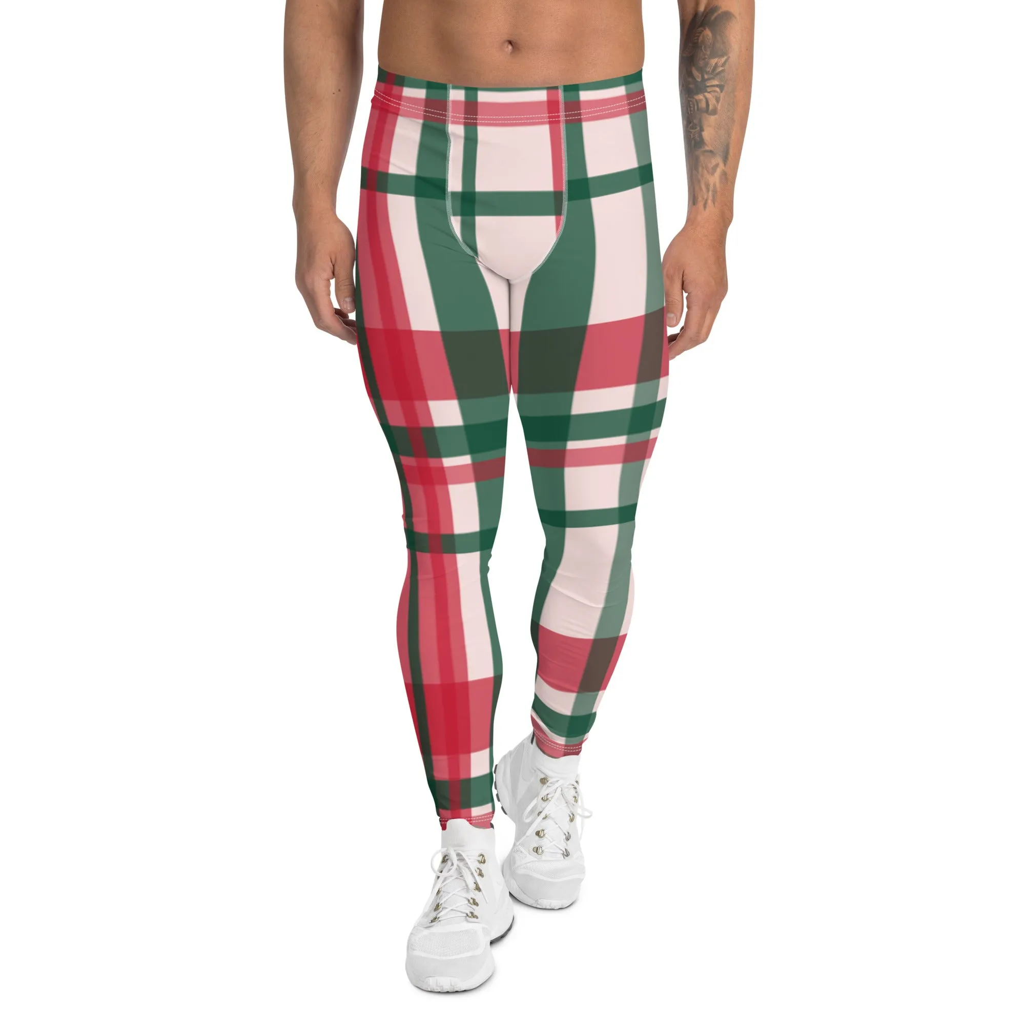 Red Green Plaid Print Meggings, Tartan Style Christmas Plaid Print Best Holiday Men's Leggings