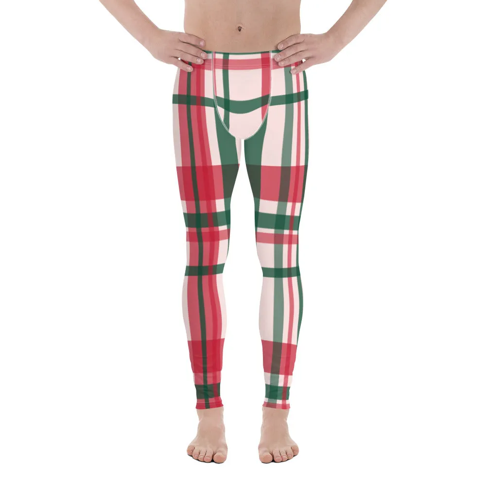 Red Green Plaid Print Meggings, Tartan Style Christmas Plaid Print Best Holiday Men's Leggings