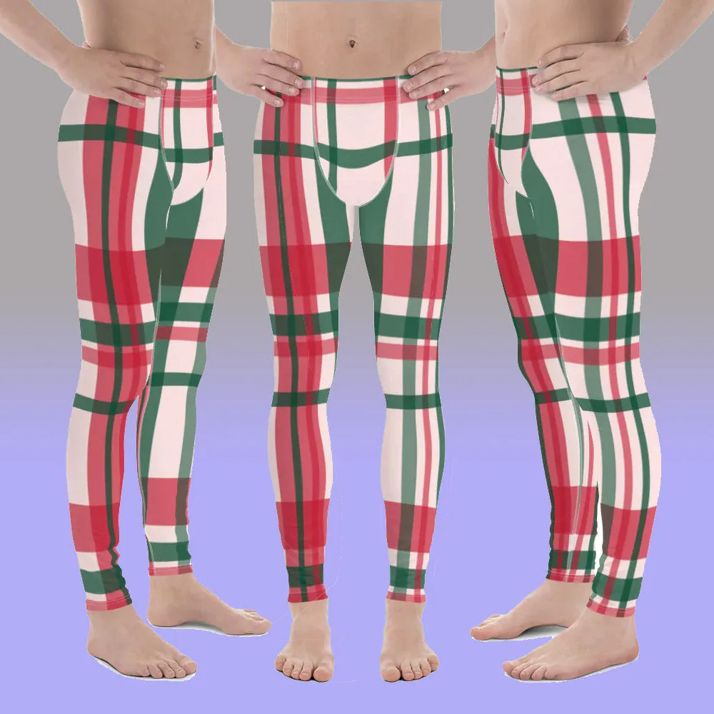 Red Green Plaid Print Meggings, Tartan Style Christmas Plaid Print Best Holiday Men's Leggings