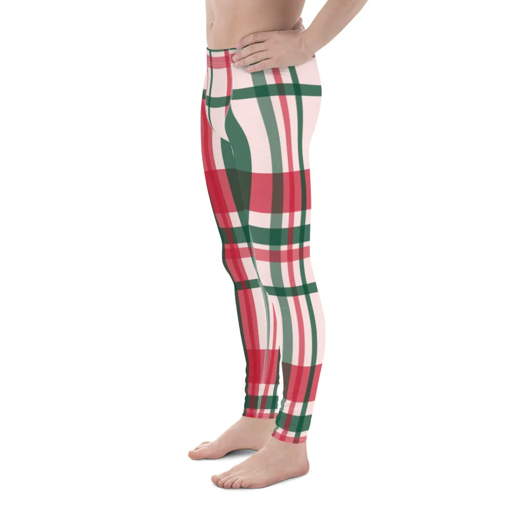 Red Green Plaid Print Meggings, Tartan Style Christmas Plaid Print Best Holiday Men's Leggings