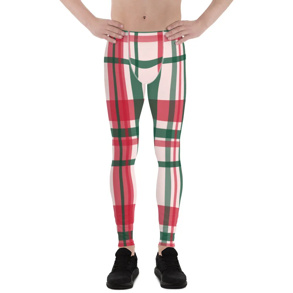 Red Green Plaid Print Meggings, Tartan Style Christmas Plaid Print Best Holiday Men's Leggings