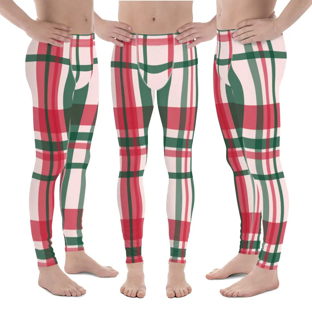 Red Green Plaid Print Meggings, Tartan Style Christmas Plaid Print Best Holiday Men's Leggings