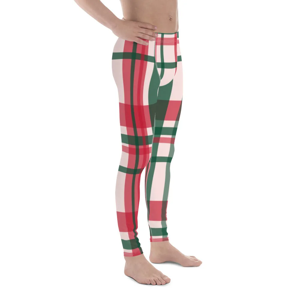 Red Green Plaid Print Meggings, Tartan Style Christmas Plaid Print Best Holiday Men's Leggings