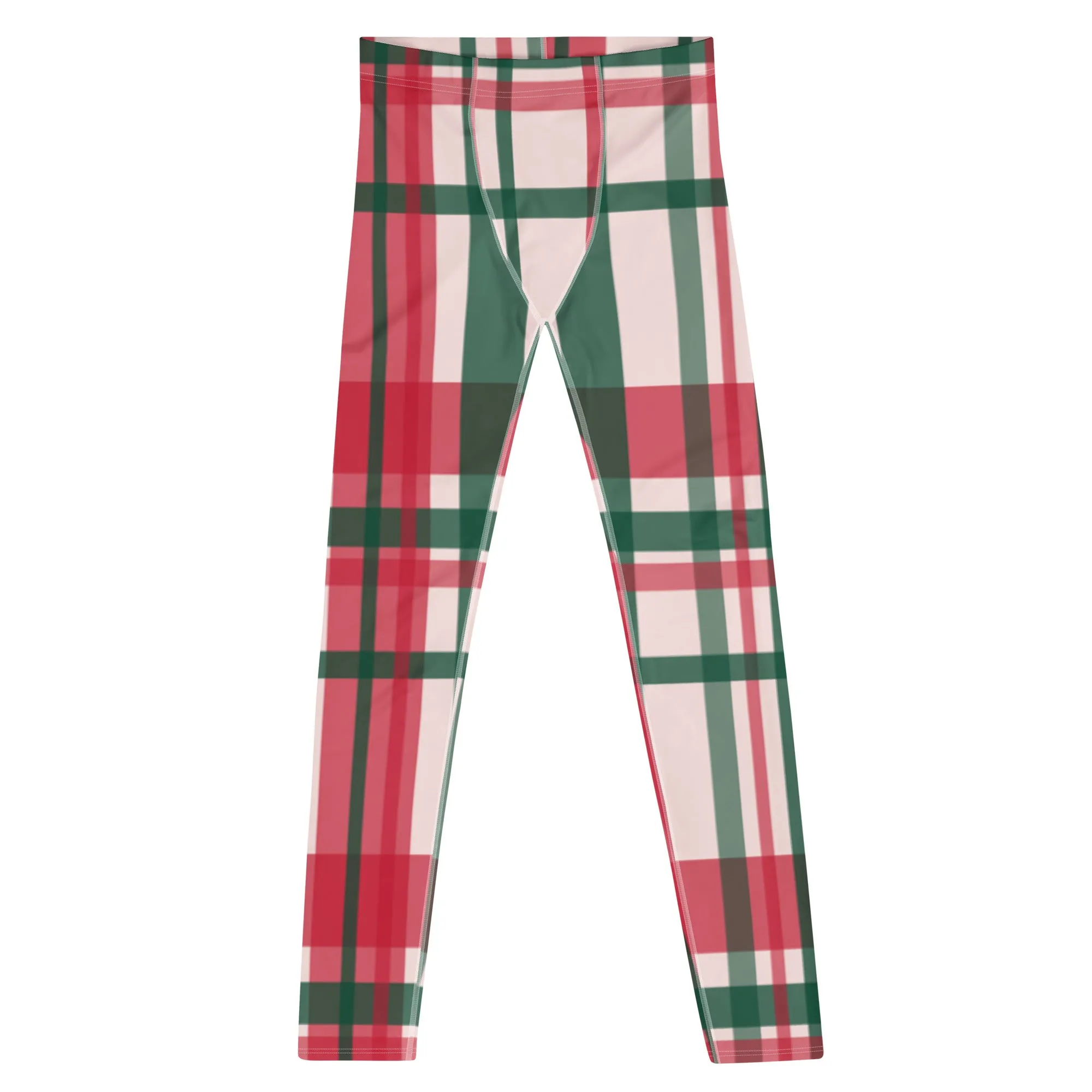 Red Green Plaid Print Meggings, Tartan Style Christmas Plaid Print Best Holiday Men's Leggings