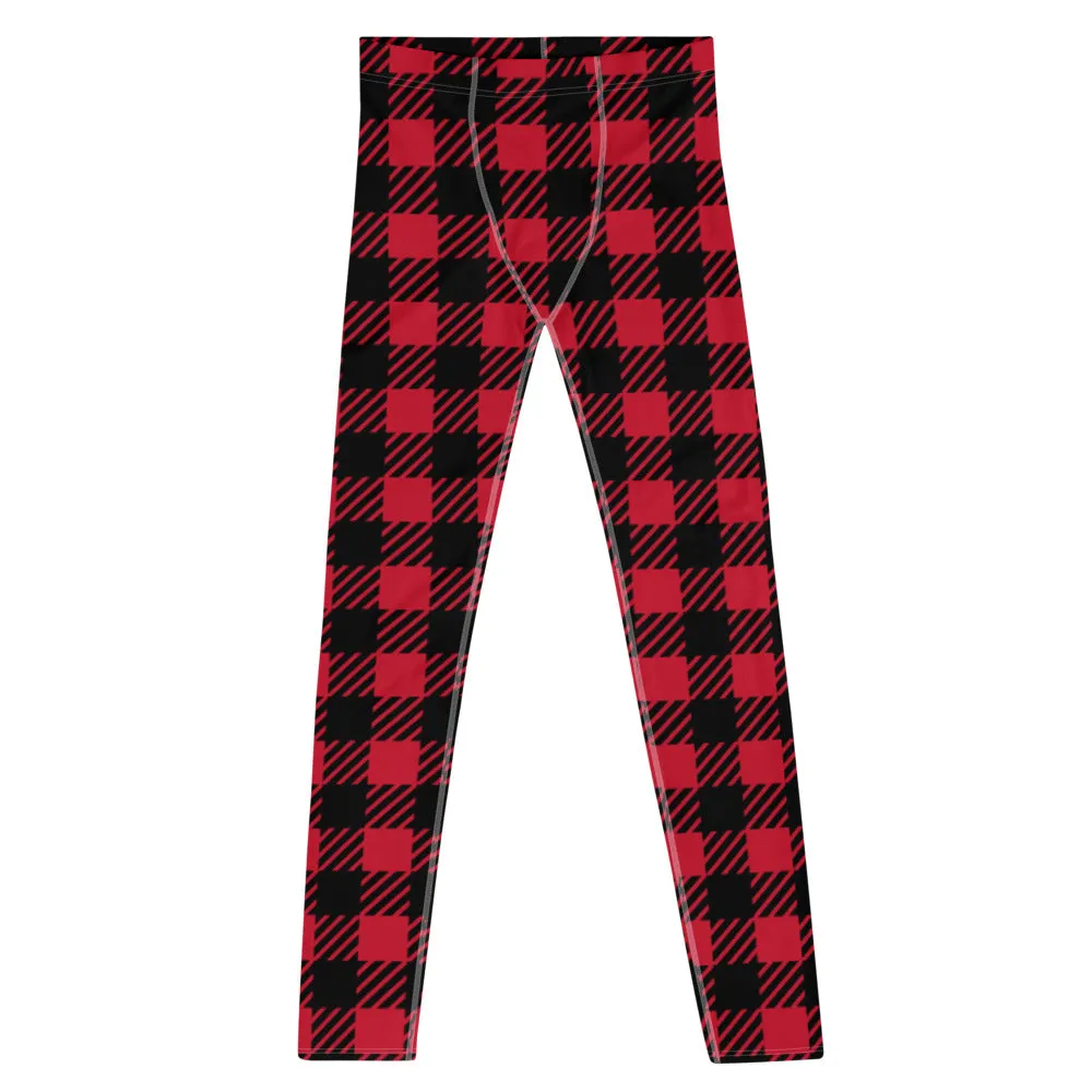 Red Plaid Printed Men's Leggings, Plaid Printed Meggings Christmas Style Compression Tights For Men-Made in USA/EU