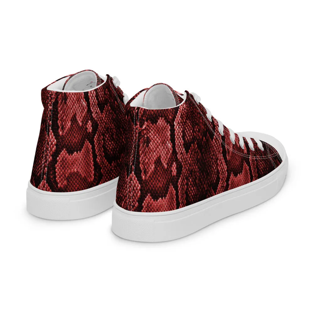 Red Snake Print Men's Sneakers, Modern Python Stylish Snake Print Designer Men's High Top Tennis Shoes (US Size: 5-13)