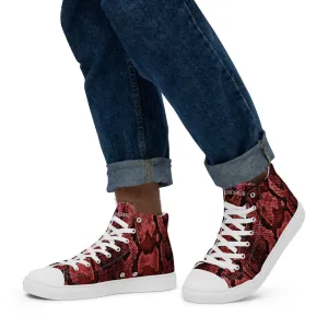 Red Snake Print Men's Sneakers, Modern Python Stylish Snake Print Designer Men's High Top Tennis Shoes (US Size: 5-13)