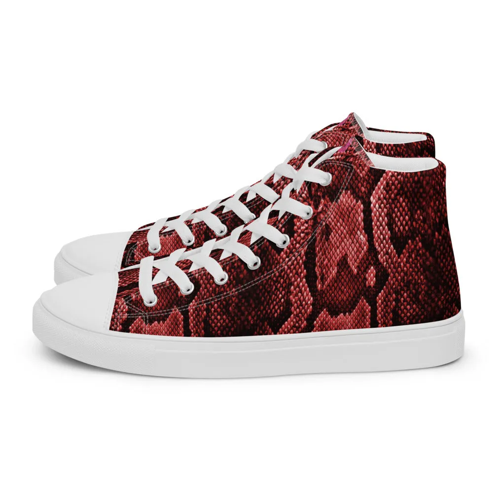 Red Snake Print Men's Sneakers, Modern Python Stylish Snake Print Designer Men's High Top Tennis Shoes (US Size: 5-13)