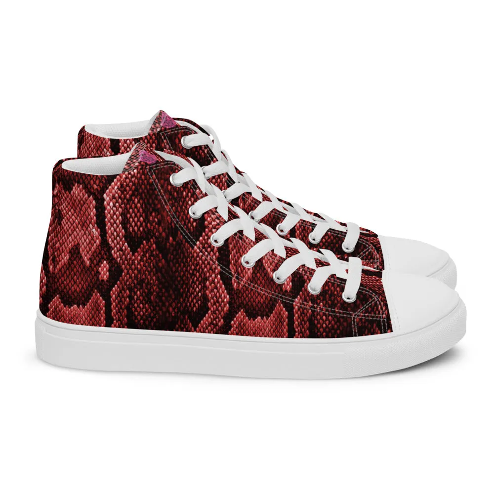 Red Snake Print Men's Sneakers, Modern Python Stylish Snake Print Designer Men's High Top Tennis Shoes (US Size: 5-13)