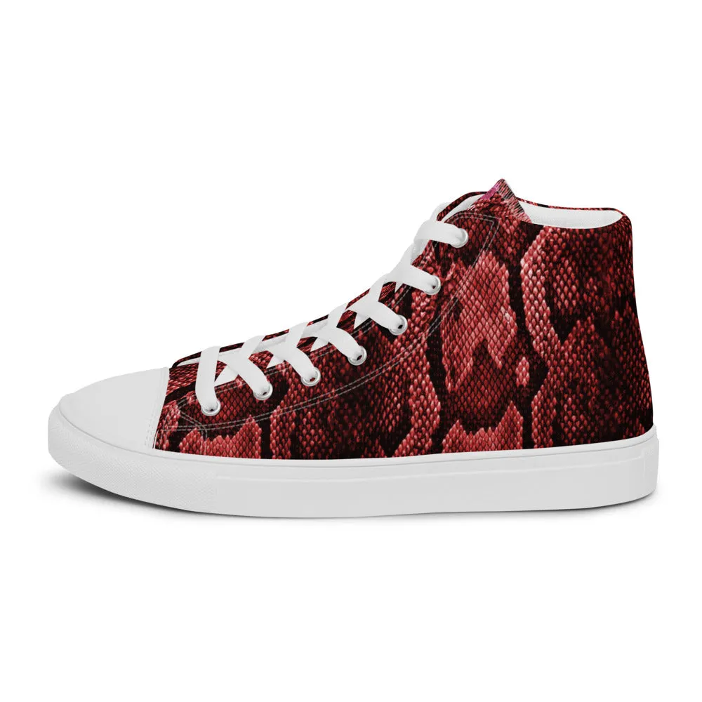 Red Snake Print Men's Sneakers, Modern Python Stylish Snake Print Designer Men's High Top Tennis Shoes (US Size: 5-13)