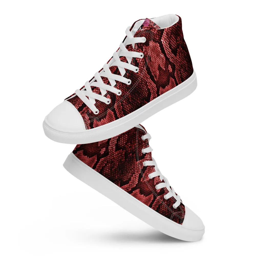 Red Snake Print Men's Sneakers, Modern Python Stylish Snake Print Designer Men's High Top Tennis Shoes (US Size: 5-13)