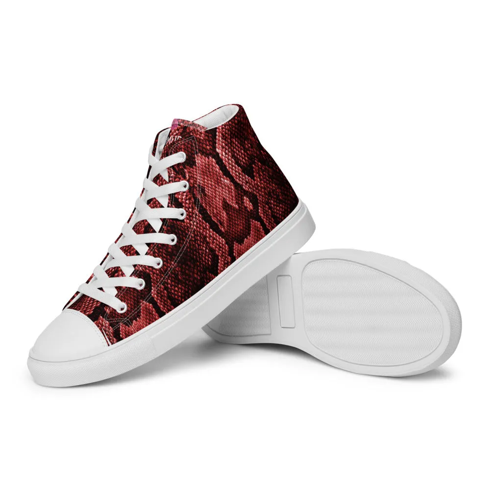 Red Snake Print Men's Sneakers, Modern Python Stylish Snake Print Designer Men's High Top Tennis Shoes (US Size: 5-13)