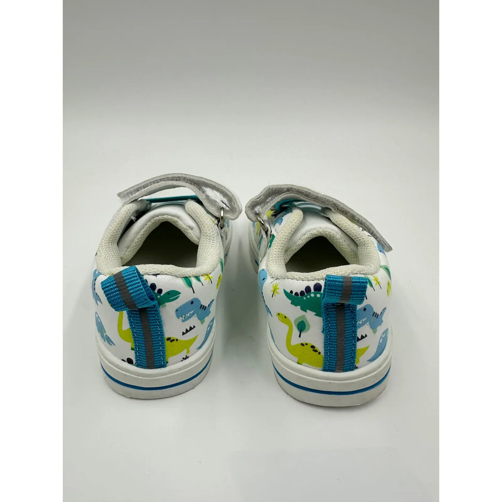 Small Kid Size 6, White Casual Sneakers, with Blue Laces and Dino Print