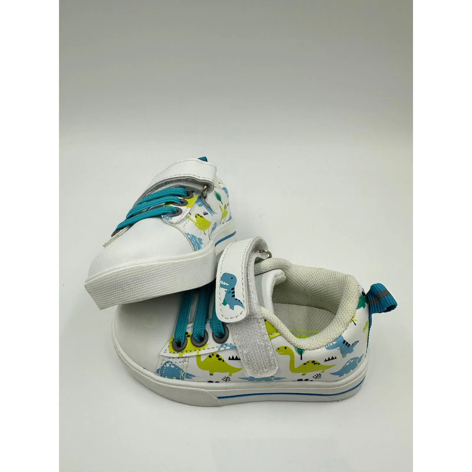 Small Kid Size 6, White Casual Sneakers, with Blue Laces and Dino Print