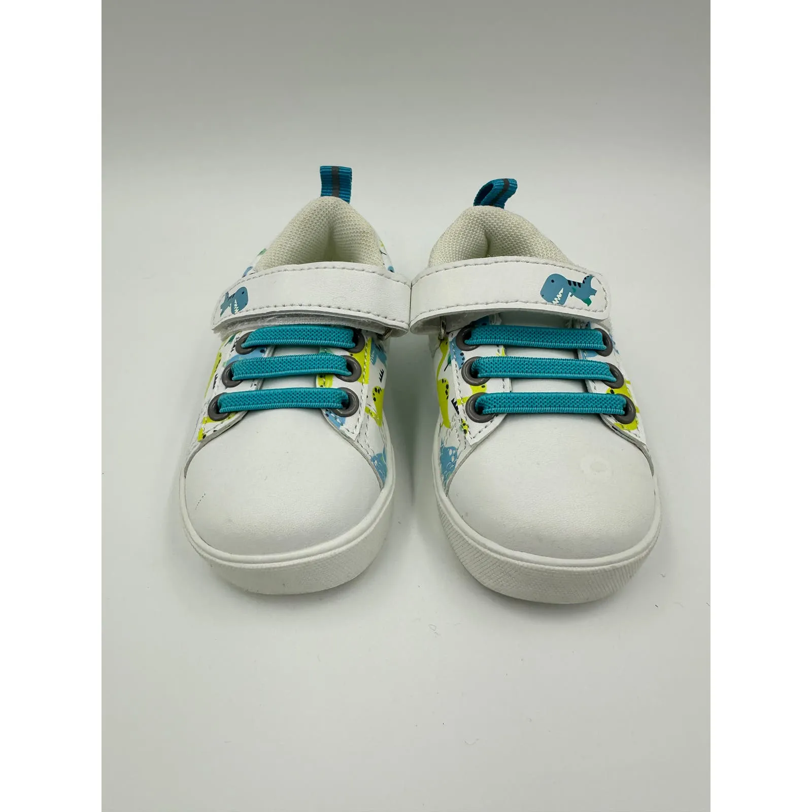 Small Kid Size 6, White Casual Sneakers, with Blue Laces and Dino Print