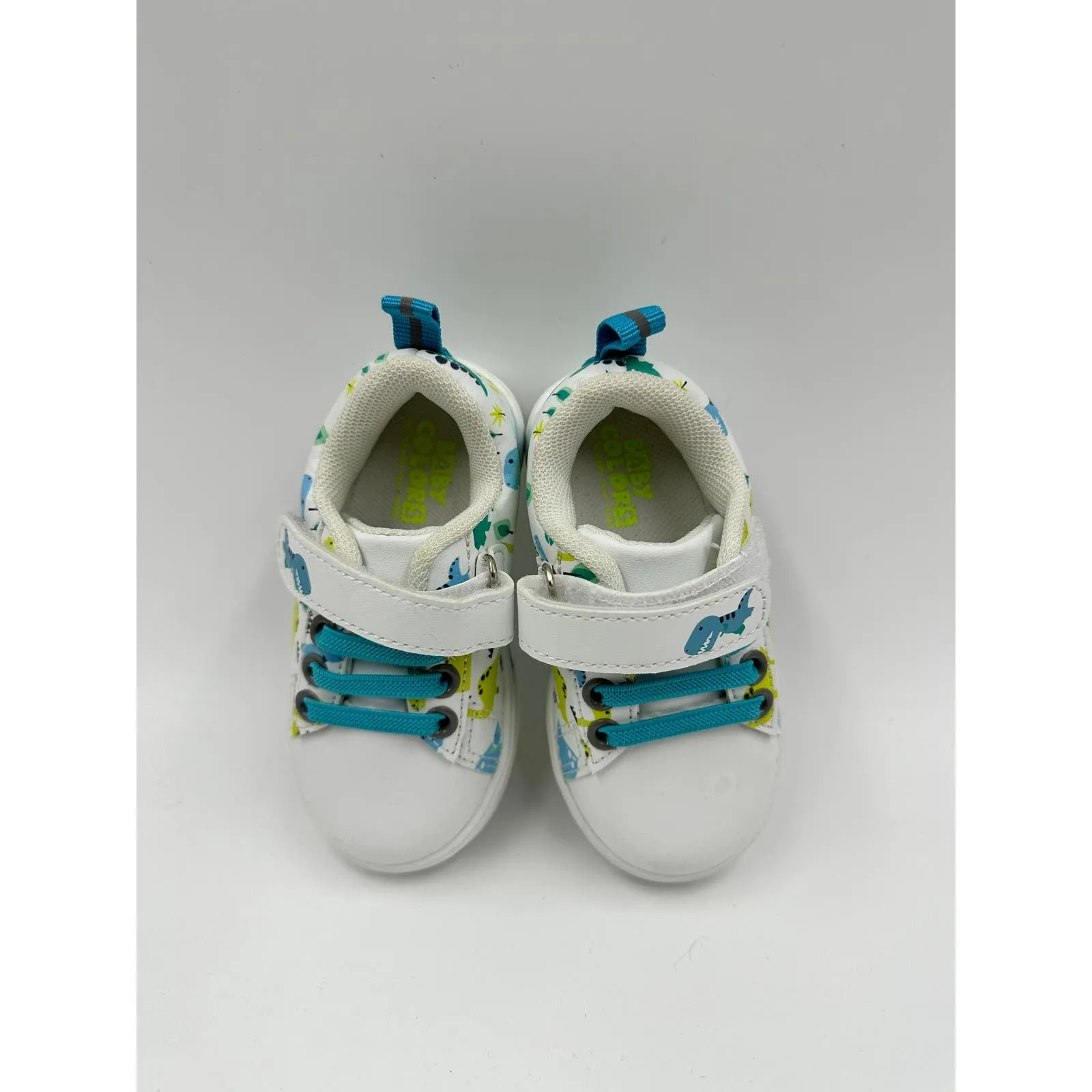 Small Kid Size 6, White Casual Sneakers, with Blue Laces and Dino Print