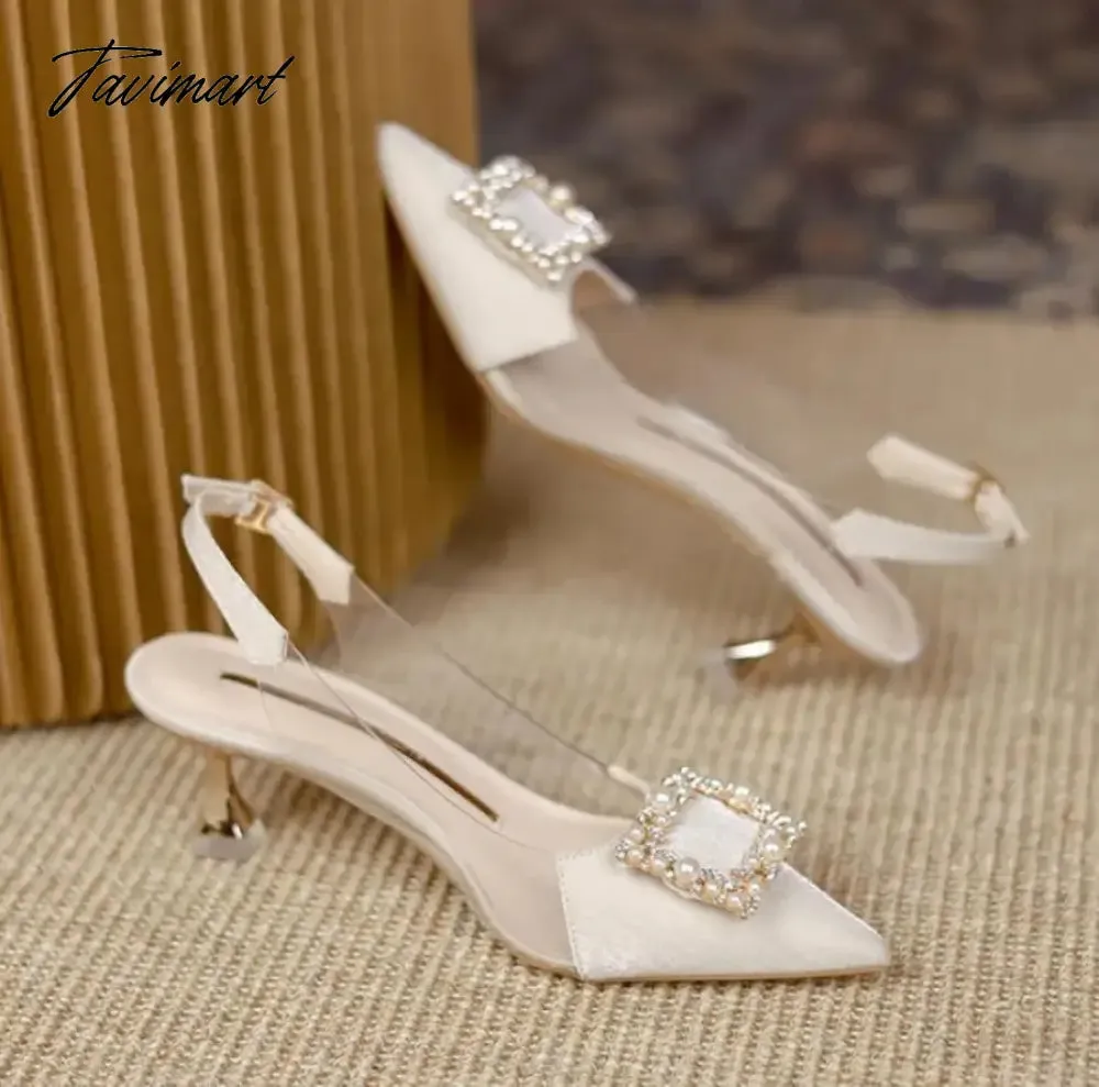 TAVIMART Crystal Rhinestone Satin Buckle Strap Pumps Women Fashion  Slingbacks Stripper Thin High Heels PVC Transparent Shoes