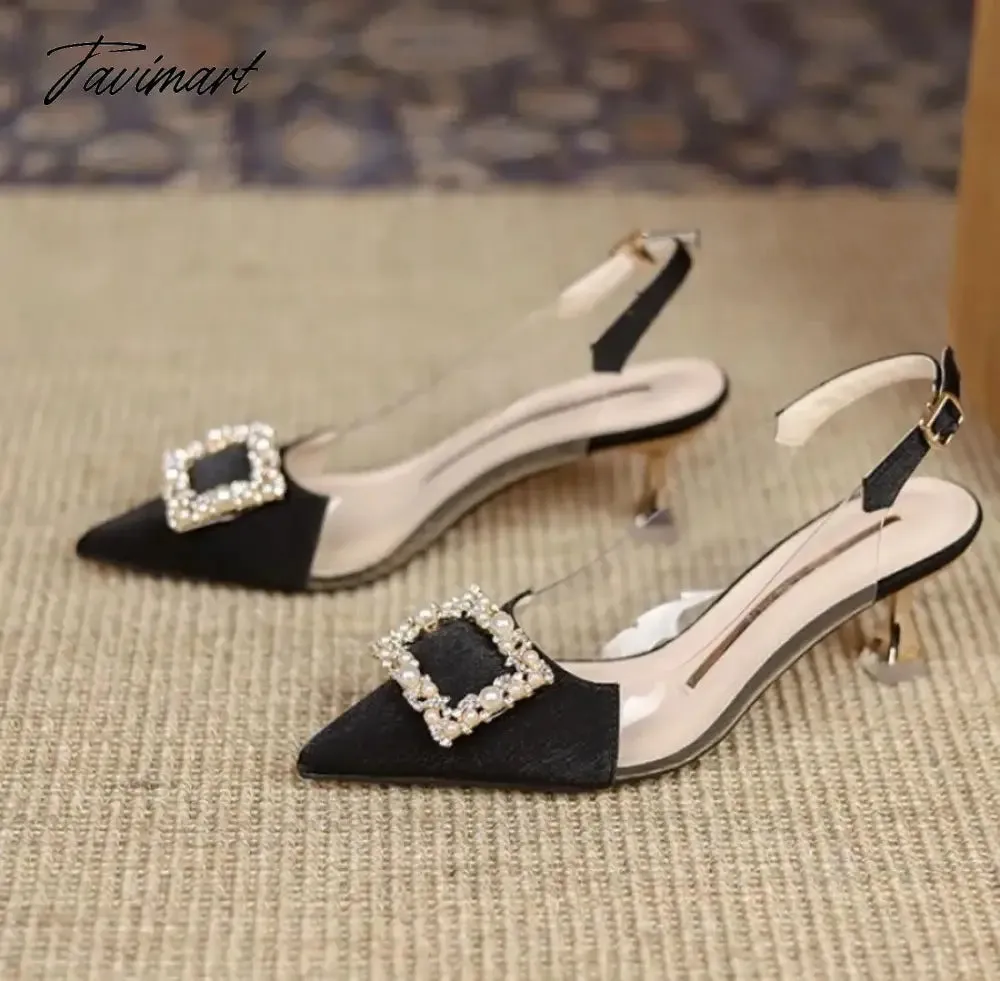 TAVIMART Crystal Rhinestone Satin Buckle Strap Pumps Women Fashion  Slingbacks Stripper Thin High Heels PVC Transparent Shoes