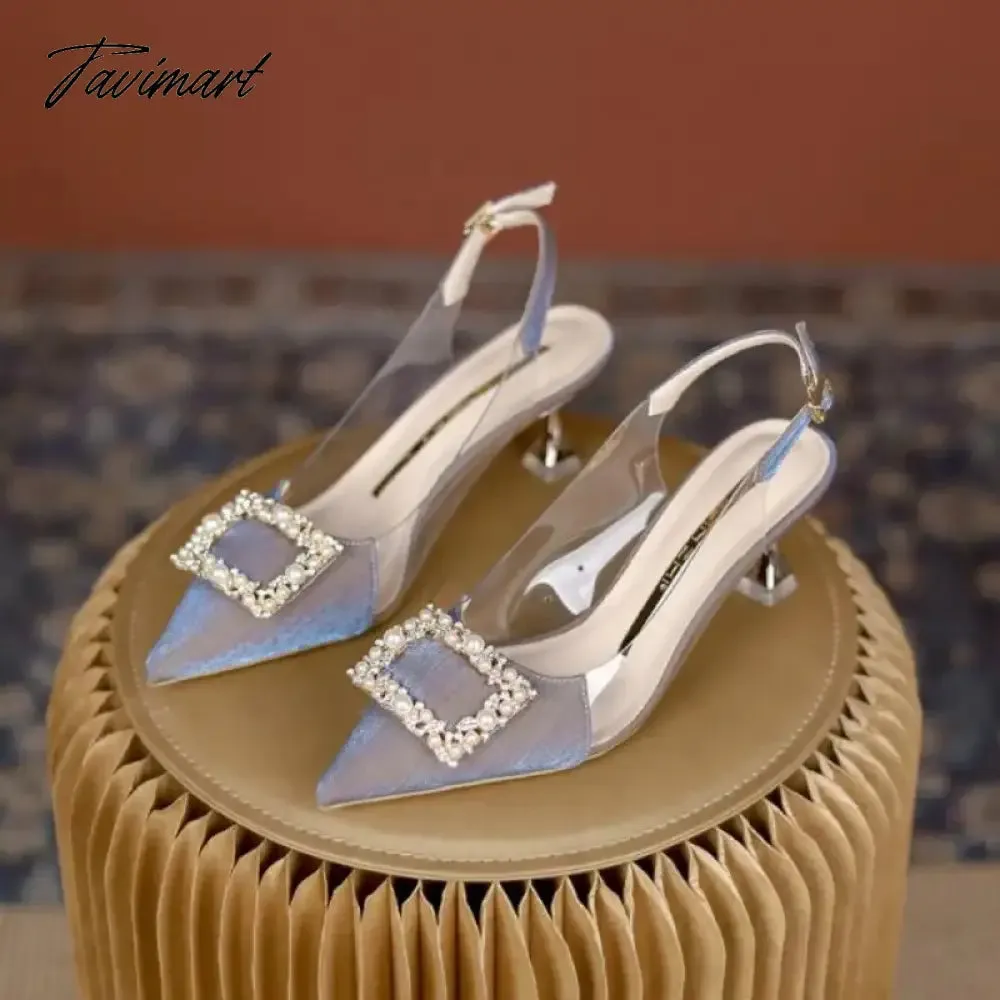 TAVIMART Crystal Rhinestone Satin Buckle Strap Pumps Women Fashion  Slingbacks Stripper Thin High Heels PVC Transparent Shoes