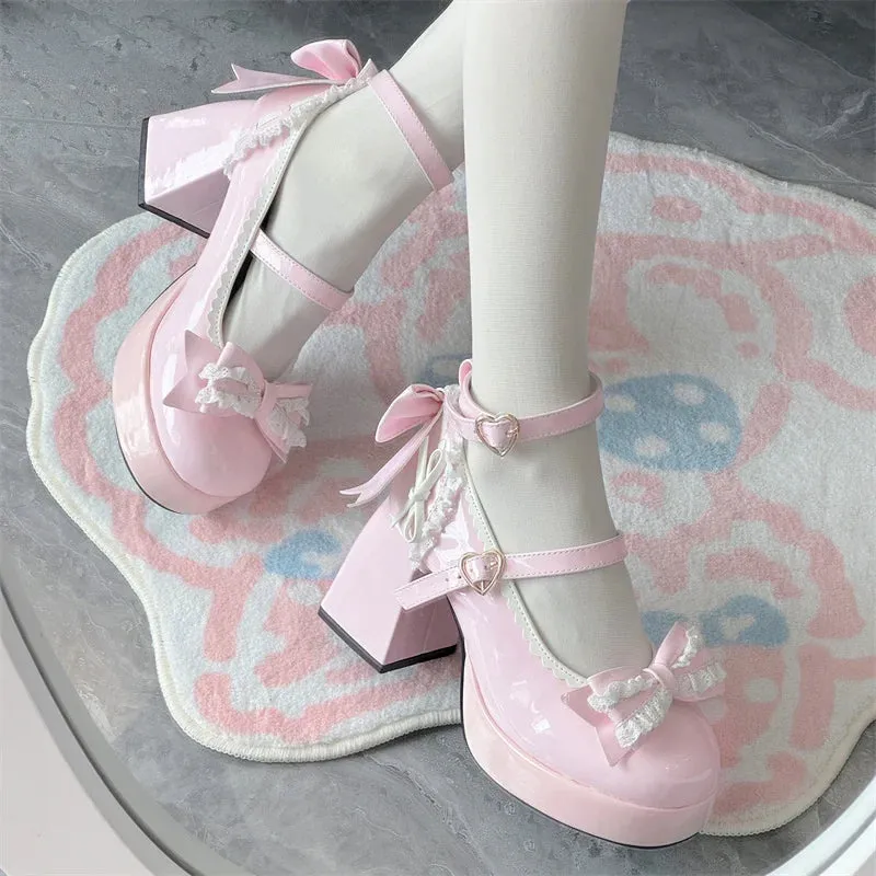 TAVIMART  -  Lolita Lace Heart Knot Round Toe Shallow Mouth High Heels Cos Loli Elegant Student Shoes Japanese Girl Sweet Single Shoes