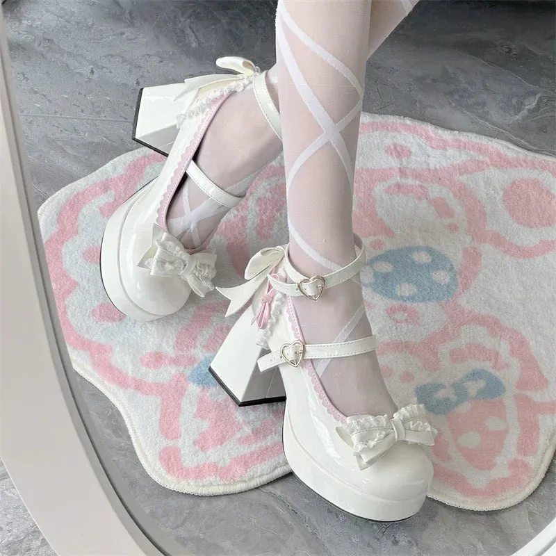 TAVIMART  -  Lolita Lace Heart Knot Round Toe Shallow Mouth High Heels Cos Loli Elegant Student Shoes Japanese Girl Sweet Single Shoes