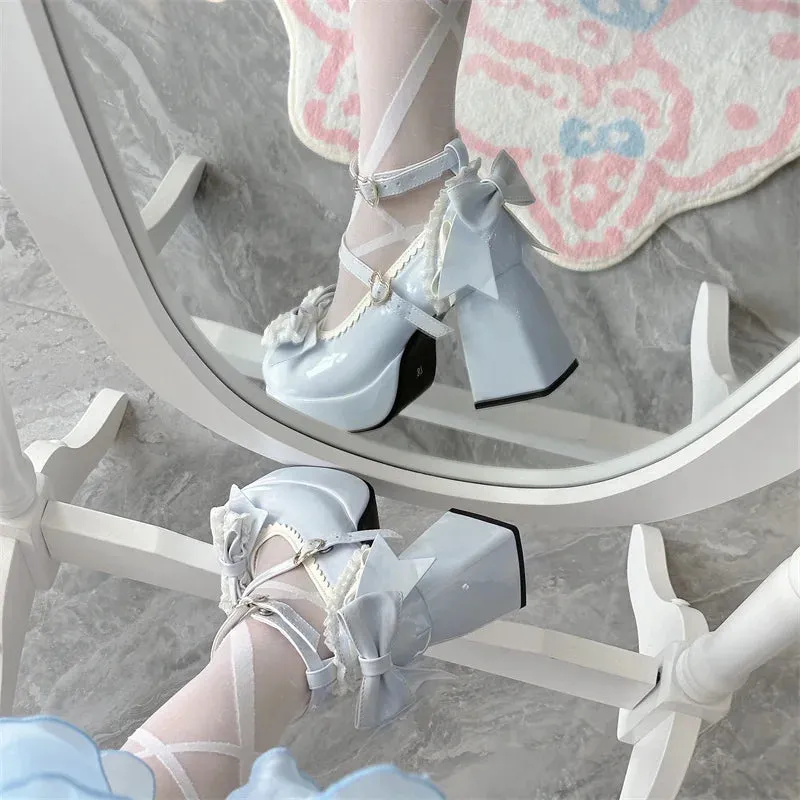 TAVIMART  -  Lolita Lace Heart Knot Round Toe Shallow Mouth High Heels Cos Loli Elegant Student Shoes Japanese Girl Sweet Single Shoes