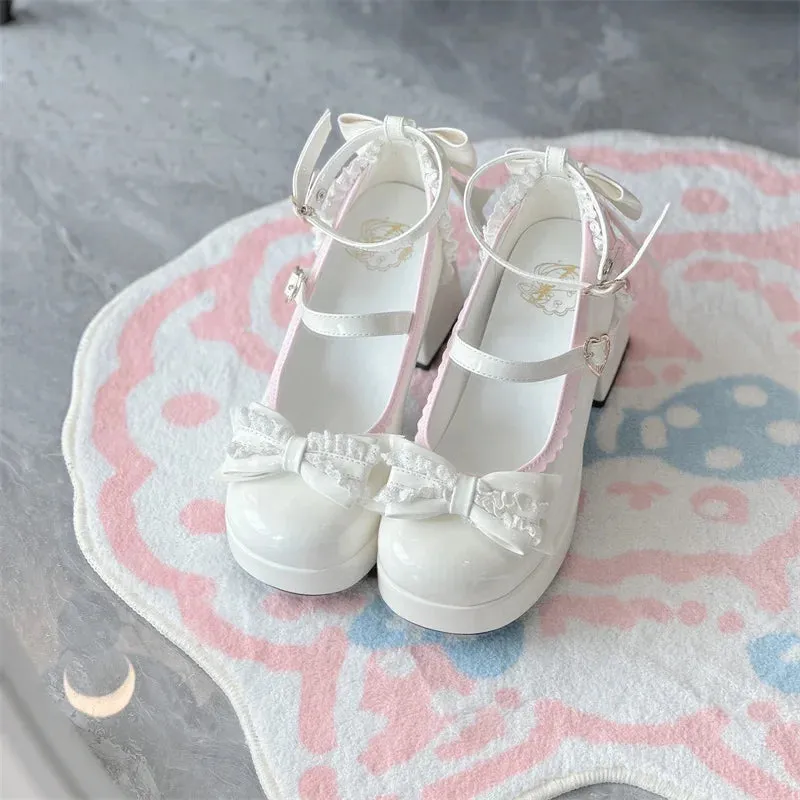 TAVIMART  -  Lolita Lace Heart Knot Round Toe Shallow Mouth High Heels Cos Loli Elegant Student Shoes Japanese Girl Sweet Single Shoes