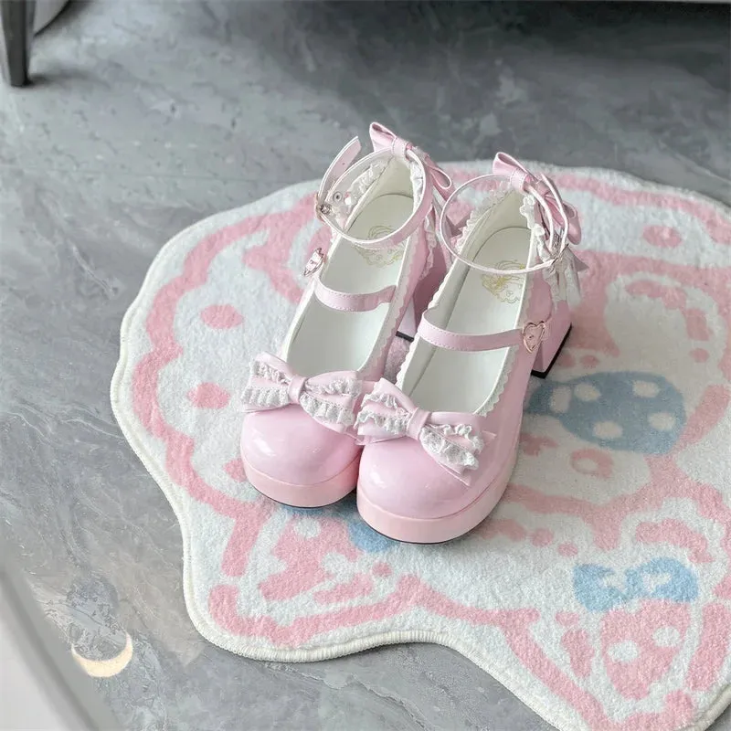 TAVIMART  -  Lolita Lace Heart Knot Round Toe Shallow Mouth High Heels Cos Loli Elegant Student Shoes Japanese Girl Sweet Single Shoes