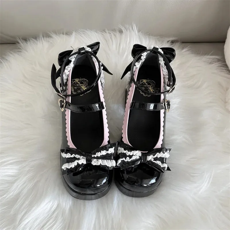 TAVIMART  -  Lolita Lace Heart Knot Round Toe Shallow Mouth High Heels Cos Loli Elegant Student Shoes Japanese Girl Sweet Single Shoes