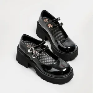 TAVIMART  -  Thick Bottom Heel Mary Jane Female Double Buckle Retro Leather Shoes