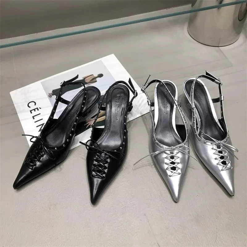 Uniwim 2024 new rivet pointed high heels women's thin heels back empty sandals with bow single shoes high quality leather shoes