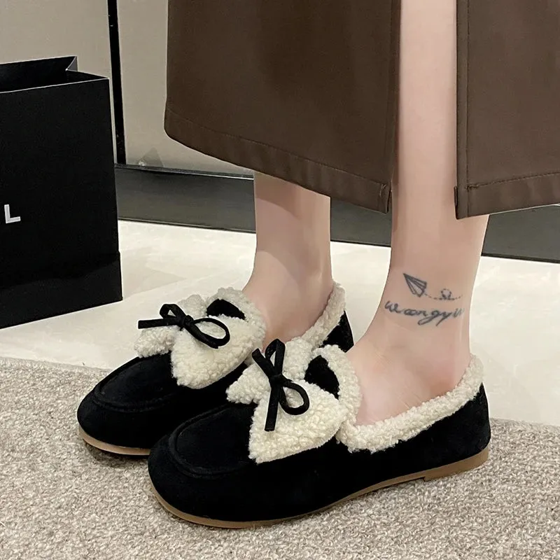 Uniwim Bow Fur Women Cotton Shoes Flats Loafers Warm Snow Boots 2024 New Winter Casual Suede Shoes Fashion Short Plush Zapatillas Mujer