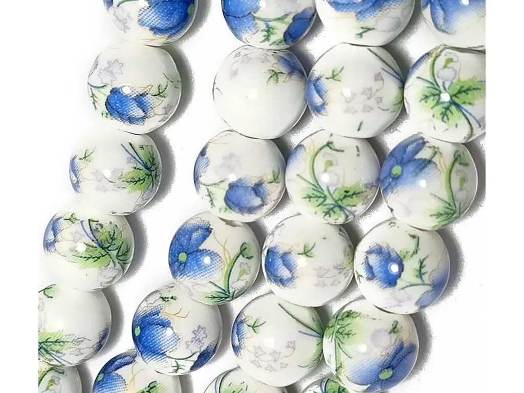 White & Blue Printed Spherical Ceramic Beads