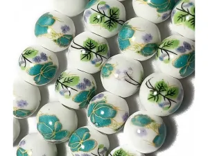 White & Green  Printed Spherical Ceramic Beads