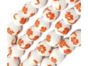 White & Orange Printed Spherical Ceramic Beads