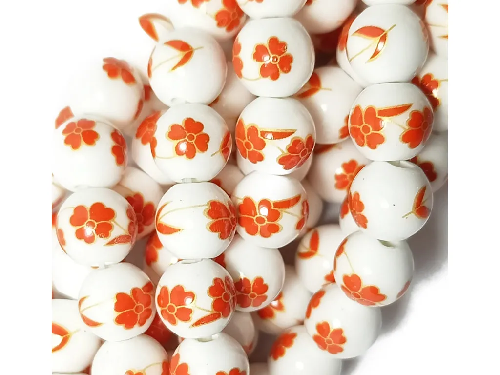 White & Orange Printed Spherical Ceramic Beads