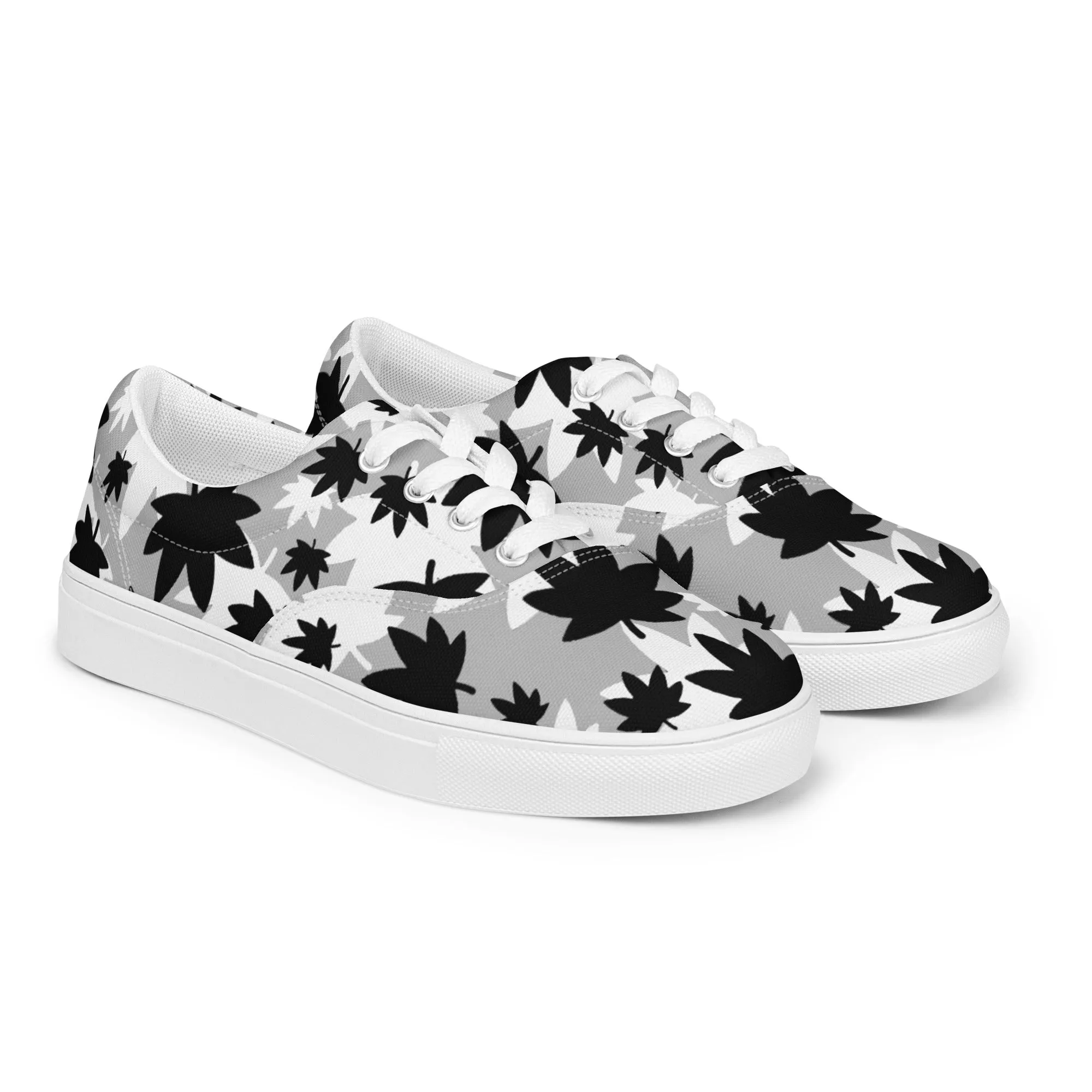 Women’s Grey B/W jumbo leaf lace-up canvas shoes