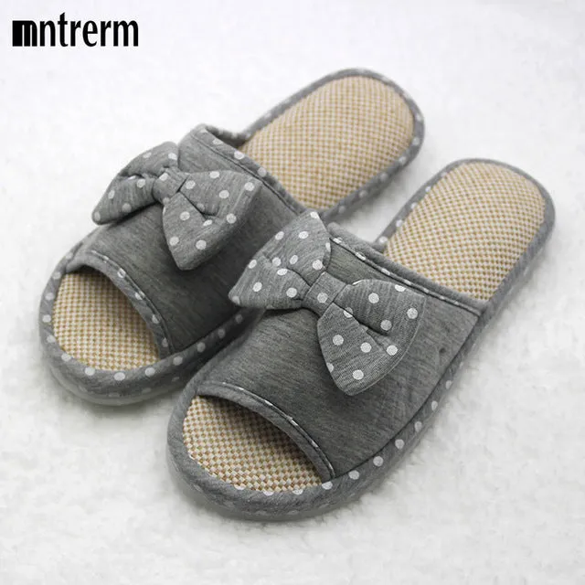 Xiuteng Candy color Warm Home Slippers Women Bedroom Winter Slippers Cartoon Bowtie Indoor Slippers Cotton Floor Home Flax Shoes